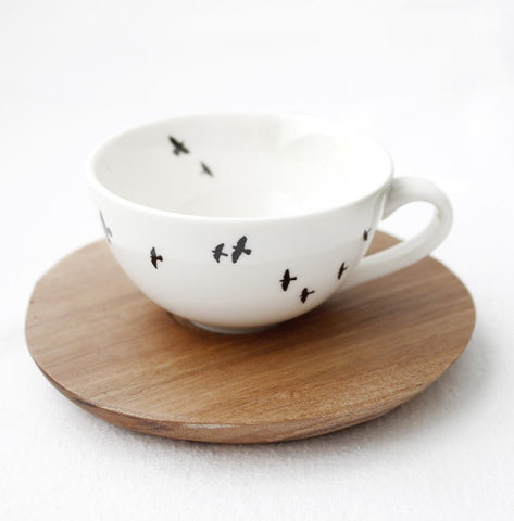 White bird espresso cup with wooden Saucer 