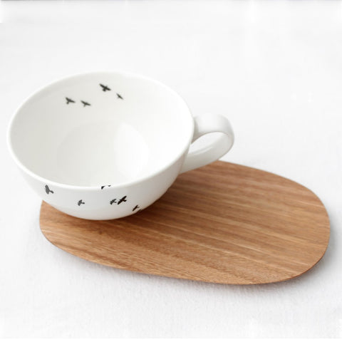 White cuppuccino cup with bird print & wooden Saucer 