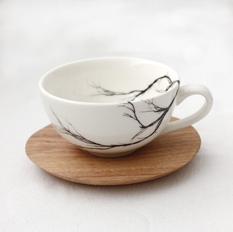 White espresso Cup with branch print & wooden Saucer 