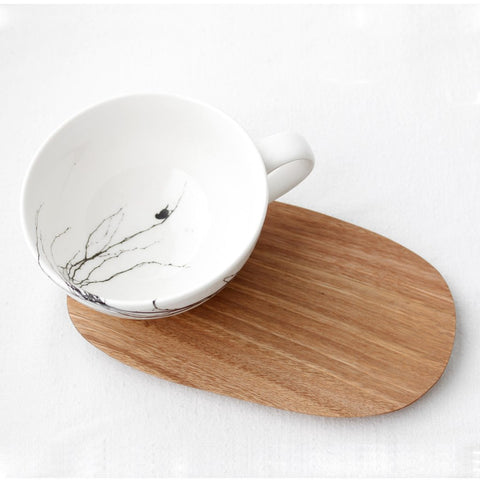 White tea Cup with branch print and wooden Saucer 