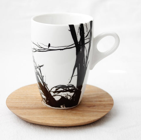 White coffee mug with branch print & wooden Saucer 