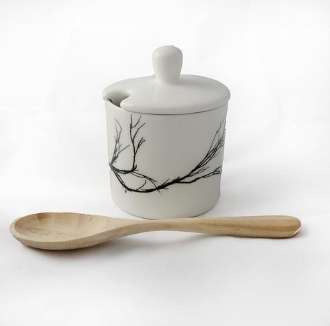 white sugar pot with branch print
