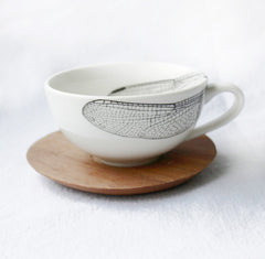 White Espresso cup with Dragonfly Print & wooden Saucer 