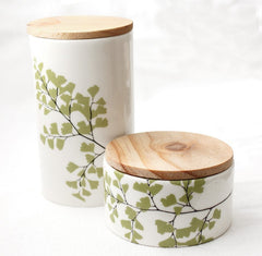 White storage jar set with wooden lid