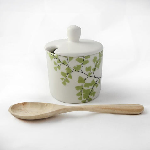 white sugar pot with fern print