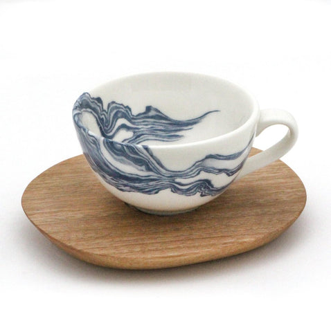 White espresso Cup with Mineral print and Wooden Saucer 