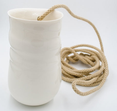 White large porcelain hanging vase with rope