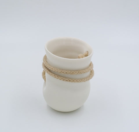 White mini hanging porcelain vase with rope