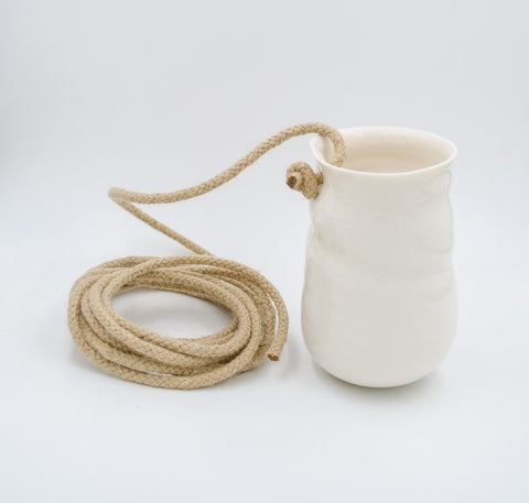 White small porcelain hanging vase with rope