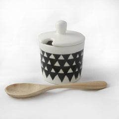 white sugar pot with black triangle print