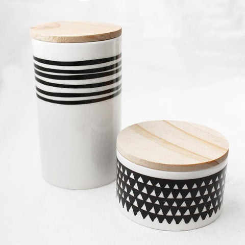 White Jar | Canister Set with black stripes and wooden lid